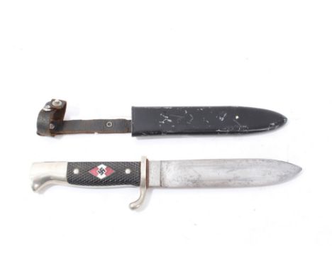 Nazi Hitler Youth dagger with enamel swastika badge to grip, plated mounts, plain blade by Othello Solingen, in painted scabb