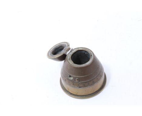 First World War trench art shell fuse, inkwell, with hinged cover, approximately 7.5cm high