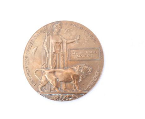 First World War memorial (death) plaque, named to George Joseph Stanton