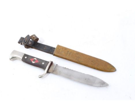 Nazi Hitler Youth dagger with enamel swastika badge to grip, sawback blade with etched 'Blut und Ehre', in painted scabbard w