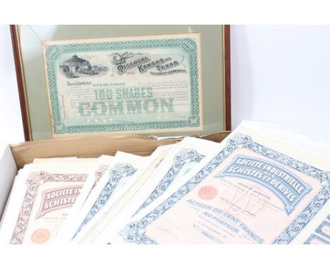 World - early 20th century share certificates - mostly complete with dividend coupons, predominantly French and Belgium - but