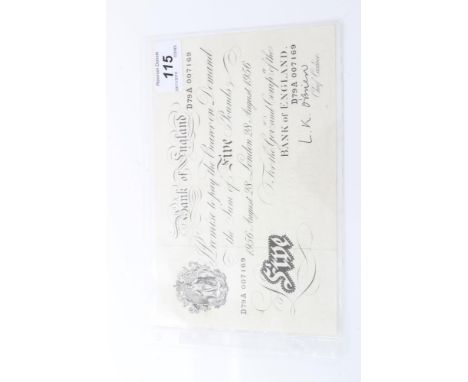 G.B. banknote - white Five Pounds, signature L. K. O'Brien.  Prefix D79A - London 28th August 1956.  VF (1 banknote)