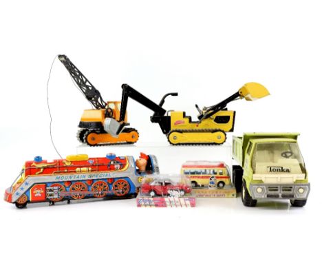 Three play worn Tonka vehicles, Japanese Mountain Special tinplate train, and various Corgi, Matchbox and other model vehicle