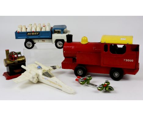 Tri-Ang Hi-Way milk float, red and yellow metal train, a Mamod engine, X-wing fighter and another space craft, (5),
