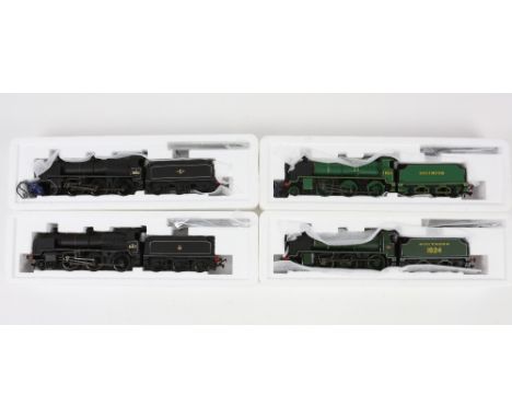 Four Bachmann 00 gauge N Class locomotives, comprising 32-151 BR lined black E/Emblem, 32-155 Malachite Southern Green, 32-15