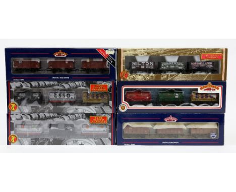 Six Bachmann 00 gauge 3-wagon sets, comprising 33525 Tank Traffic Classics 'Shell &amp; BP', 38071Z BR(SR) vans weathered, 33