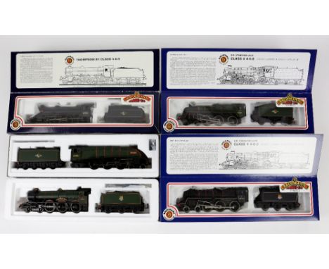 Five Bachmann 00 gauge locomotives and tenders, comprising 31104 BR Green Class 4 Standard, 31703 BR Lined Black Class B1 'Wi