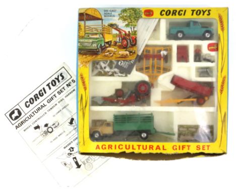 Corgi Agricultural Gift Set No.5, comprising Massey-Ferguson 165 Tractor with shovel, skip and churns attachment, tandem disc