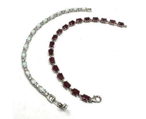 Two Silver Gemstone Set Tennis Bracelets Including Ruby And Opal (33g) 