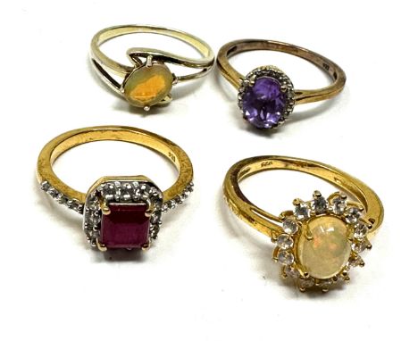 Four Silver Gemstone Set Dress Rings Including Ruby, Diamond And Opal (14g) 