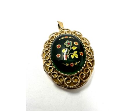 9ct Gold Enamel Floral Oval Locket Pendant (10.3g) 