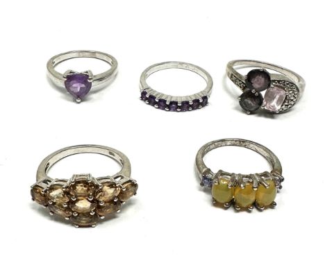 Five Silver Gemstone Set Dress Rings Including Opal And Tanzanite (26g) 