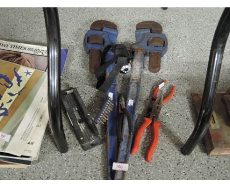A selection of hand tools including stilsons, pliers etc