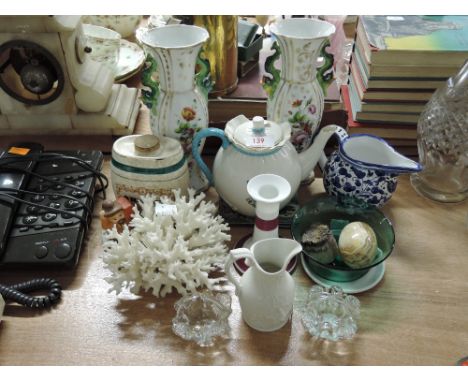 A selection of vintage display and cabinet items including pair of vases, coral, tea pot etc