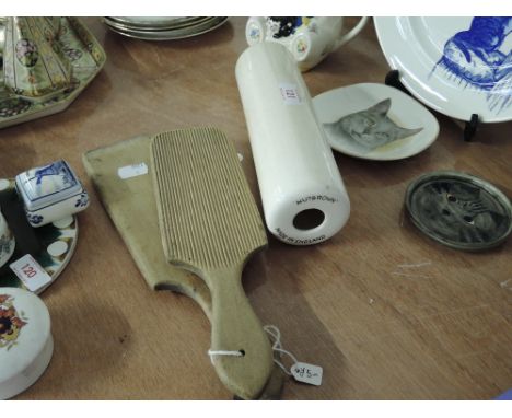 A pair of vintage butter pats and a part marble rolling pin