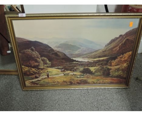 A vintage print of board hills and lake land scene