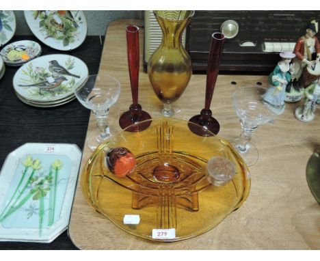A selection of vintage coloured glass items including smoked art deco style glass tray stand and ruby glass single stem vases
