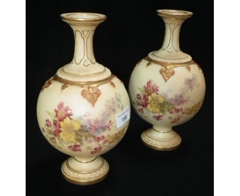 A PAIR OF ROYAL WORCESTER BLUSH IVORY VASES with bulbous bodies decorated with flowers