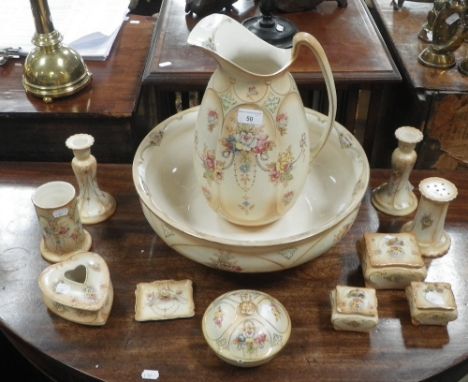 A CROWN DEVON WASH JUG, BASIN AND DRESSING TABLE SET