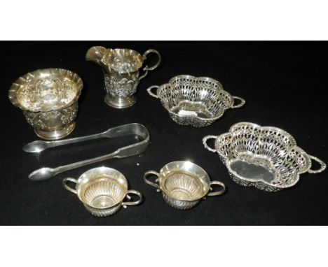 A SMALL SILVER JUG and matching sugar basin, two lobed dishes and other similar items