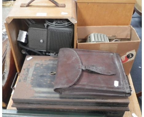 A VINTAGE STANDARD 8 PROJECTOR BY KODASCOPE, a similar slide viewer, a leather case and a deed tin