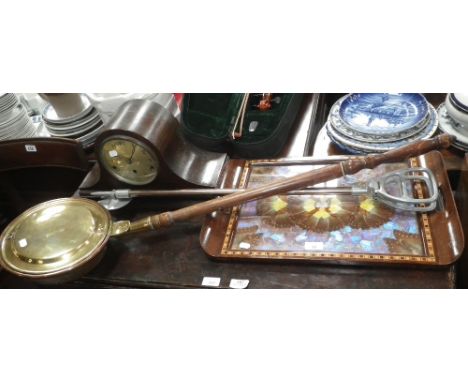 A BUTTERFLY WING TRAY, brass warming pan, a shooting stick and an oak-cased mantel clock (4)