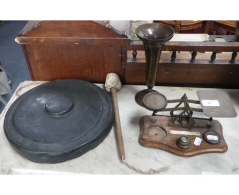 A SET OF SMALL BRASS POSTAL SCALES, a gong and an Eastern brass spill vase