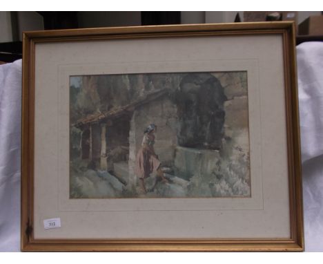 Large gilt framed print by Russell Flint of a Spanish lady climbing steps