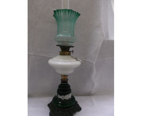 Most unusual green glass based on metal plinth table lamp with clouded white glass bowl and decorative etched green glass sha