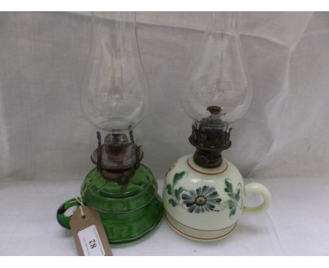 2 small handled lamps, one light green base, the other decorated painted floral pattern