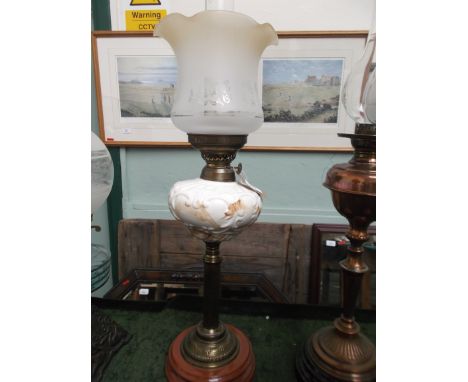 Light brown painted pot based table lamp with brass corinthian column, the cream and brown painted bowl with decorative etche