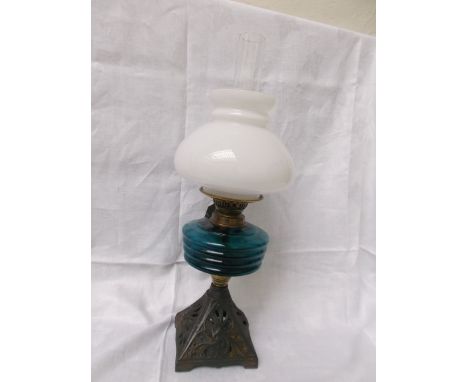 Metal based lamp with light blue bowl, mushroom shaped clouded glass shade and chimney