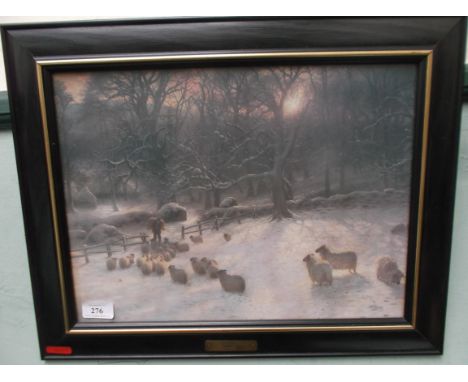 Framed coloured print of Shepherd feeding his flock ' The shortening winter day' by I. Farquharson