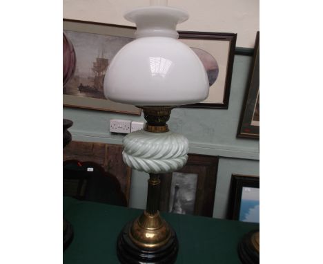 Circular pot based lamp with brass corinthian column leading to the leaf shaped light blue/cream bowl, white mushroom shade a
