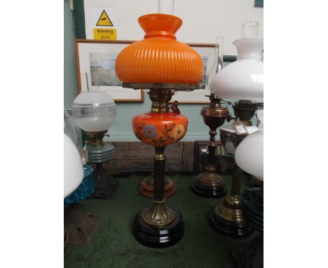 Most decorative circular pot based lamp with brass  corinthian column, the vivid orange bowl decorated coloured sprays with s