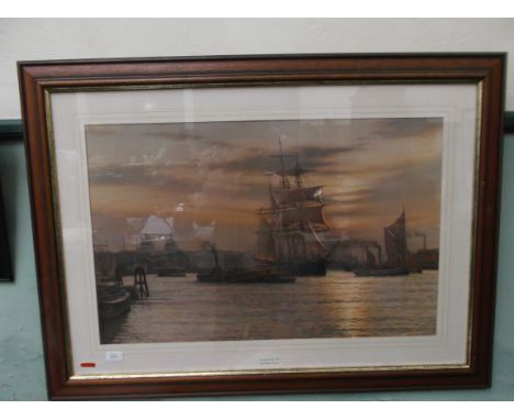 Large framed coloured print of 'Greenwich Reach'  of sailing boats at anchor by Rodney Chapman
