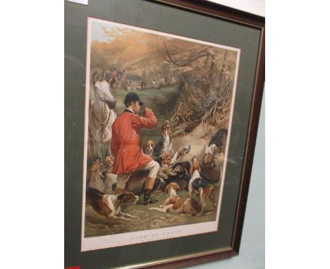 Large oak framed coloured hunting print 'Gone to earth'