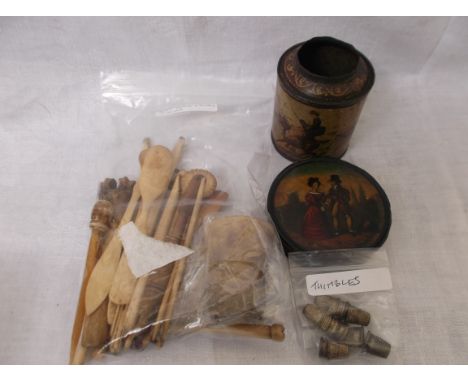 Early papier-mache patch box, old painted tin, sel. of miniature thimbles and assorted bone pieces
