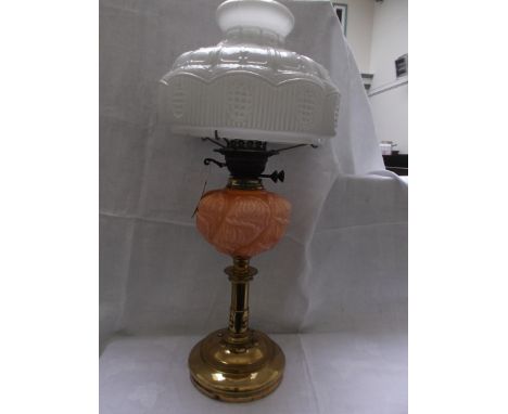 Most decorative brass based table lamp with ornate pink shaped bowl and white patterned shade, chimney