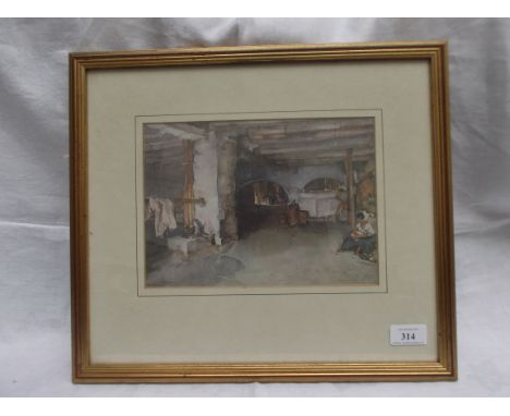 Gilt framed coloured print by Russell Flint of Spanish ladies in parlour/kitchen scene