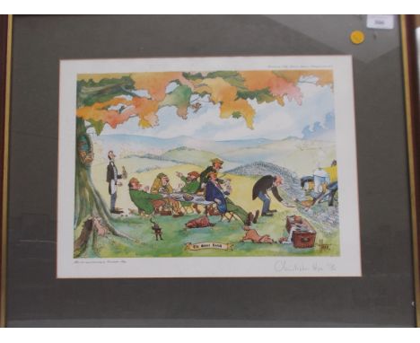 Framed coloured humorous shooting print by Christopher Hope, 'The Shoot Lunch' 