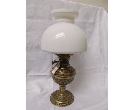 Brass table lamp with domed mushroom shaped clouded white glass shade