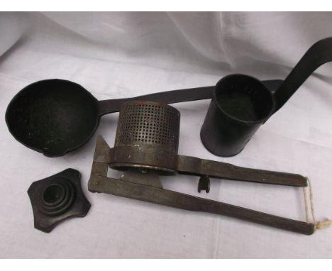 Metal ladle potato masher, 1/2 pint metal milk can etc.