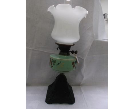 Metal based lamp, the duck egg blue bowl hand painted coloured sprays, shaped white glass shade and chimney