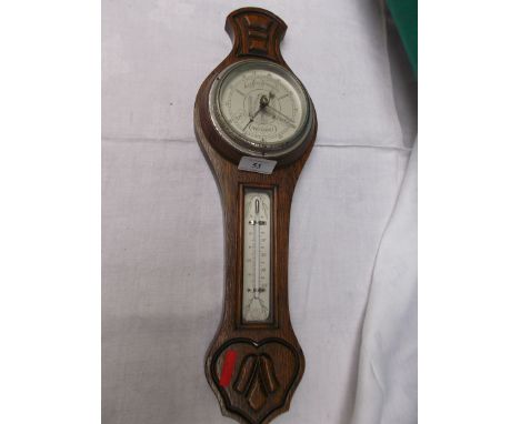 Small oak wall barometer with thermometer dial 
