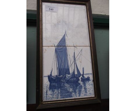 Rectangular framed blue and white tile of sailing fishing smacks
