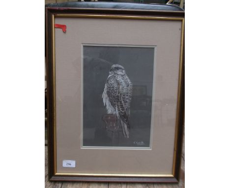 Framed original crayon drawing of a bird of prey signed R. Kenchington