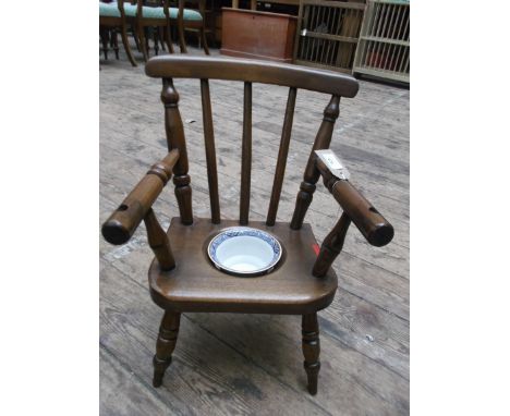 Child's oak commode chair inset pot liner, the shaped back inset 3 vertical sticks