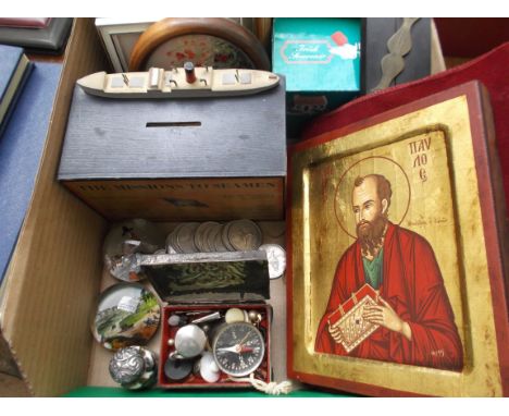 Magpie lot incl. paperwieghts, low GB QE II coinage, Mission to Seaman Collection box, miniature framed prints, adjustable ru