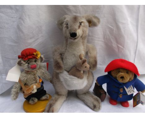 Augusta Dubay Paddington Bear, Clemens bear on stand and a Steiff gold button mother Kangaroo with Joey in pouch